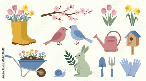 Spring gardening tools and cute spring elements vector illustration set