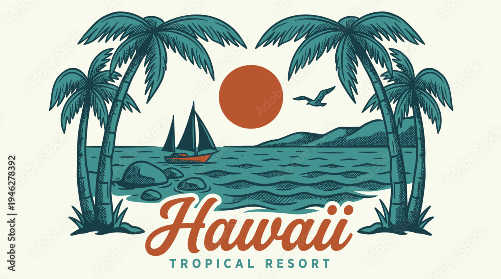 Fototapeta premium Vintage Hawaii tropical beach and palm trees island vector illustration