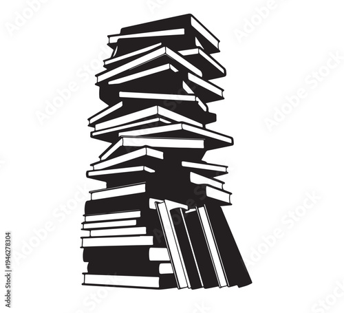 A tall, leaning stack of many books, black and white illustration, representing knowledge, education, and information overload, concept of reading