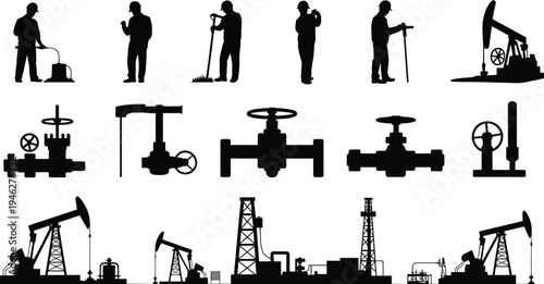 WebOil and gas industry workers with pumpjack drilling rigs, pipeline valves and petroleum refinery equipment, energy production silhouette vector illustration icon set