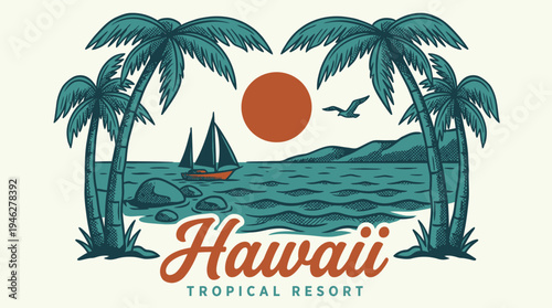 Vintage Hawaii tropical beach and palm trees island vector illustration