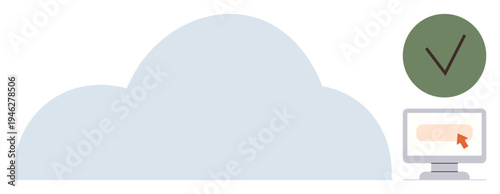 Cloud storage, data security, file access, digital verification, online services, technology. A cloud shape, green check mark and desktop screen with a pointer. Cloud storage and data security