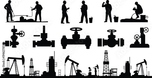 Oil and gas industry workers with pumpjack drilling rigs, pipeline valves and refinery facilities, petroleum energy production silhouette vector illustration icon collection