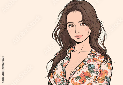 A woman stands with a slight smile, wearing a floral top. She has long hair and appears relaxed in a casual environment.