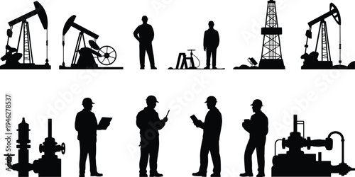 Oil and gas industry workers with pumpjack drilling rigs, pipeline valves and refinery equipment, petroleum engineering technician silhouette vector illustration set