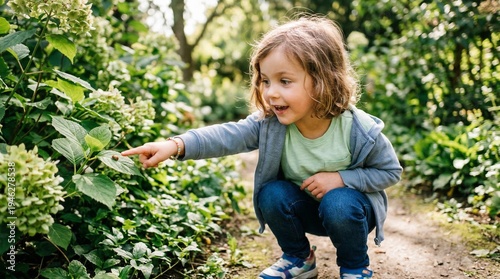 Child pointing at an insect on a leaf
