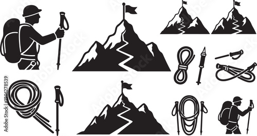 Mountain Climbing Adventure Silhouette Icons Set for Outdoor Enthusiasts