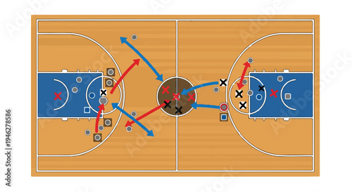 Overhead view of a basketball court with a detailed strategy diagram in blue and red on a wooden floor with white lines.