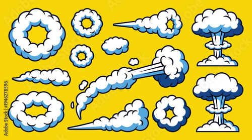 Colorful comic cartoon explosion smoke rings and clouds vector set