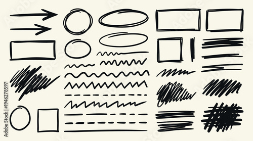 Hand drawn ink scribble lines shapes borders and arrows vector set