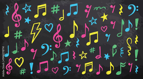 Hand drawn neon colorful doodle music notes on blackboard vector