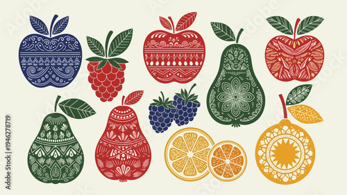 Vibrant Folk Art Fruit Pattern Vector - Decorative Food Design Elements