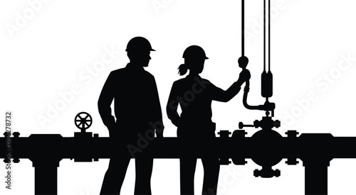 Silhouette industrial engineers operating pipeline valve system, oil and gas workers controlling factory pipeline infrastructure, energy industry engineering concept, vector illustration