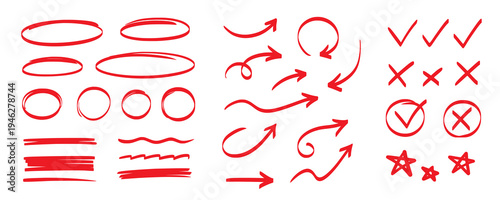 Hand drawn pen line highlight red set. Line red hand drawn pen marker stroke underline, arrow, check mark emphasis. Round oval, circle scribble frame, arrow elements . Vector illustration