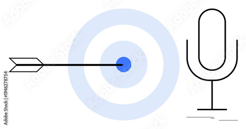 Arrow striking bullseye on blue target and microphone outline symbolizing precision, accuracy, speech clarity, audio focus, goal achievement, communication, and voice technology. Ideal for business