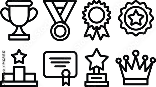 Achievement and Recognition Vector Symbol Set. Minimal Bold Outline Sign Including Trophy, Medal, Rosette, Seal, Podium, Certificate, Star and Crown