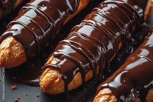 Rich chocolate glaze dripping over fresh French eclairs