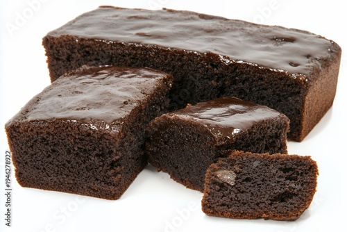 Rich chocolate cake glazed and cut into squares