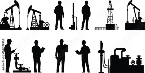 Oil and gas industry workers with pumpjack drilling rigs, pipeline valves and refinery machinery, petroleum engineering technician silhouette vector illustration set