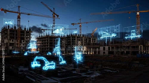 Blueprint of progress: A visionary construction site, the image merges physical reality with digital blueprints. The cranes reach for the sky, symbolizing growth and ambition.