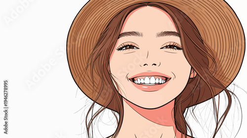 Woman with long hair smiles brightly while wearing a straw hat. She has a friendly expression and a cheerful look.