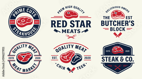 Vintage butcher shop and steakhouse meat logo badge vector set