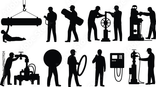 Silhouette industrial workers and machinery icons set, engineers operating valves, welding and lifting pipeline equipment, heavy industry maintenance vector illustration