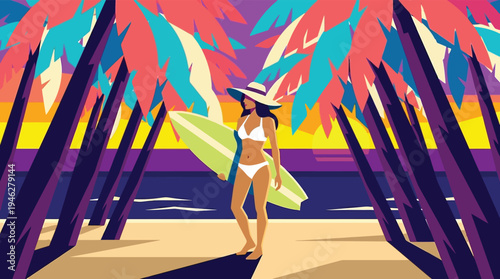 Tropical sunset beach landscape with surfer girl and palm trees vector illustration