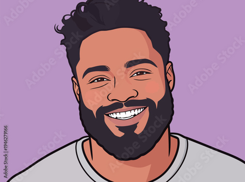 A man with curly hair and a beard smiles. He appears to be happy. The background is purple and simple.