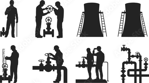 Silhouette industrial workers and refinery equipment icons set, engineers operating pipeline valves and cooling towers, oil gas industry vector illustration collection