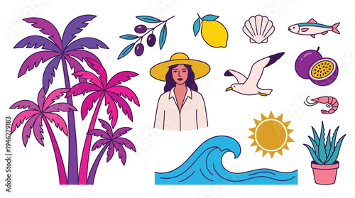 Hand drawn tropical summer beach vacation elements icon vector set