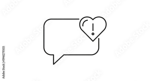 Speech bubble with heart and exclamation mark symbol.