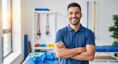 A smiling male physical therapist stands confidently in a rehabilitation room. He is wearing a blue polo shirt and has his arms crossed.