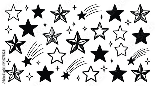 Hand drawn black doodle stars and shooting stars vector set