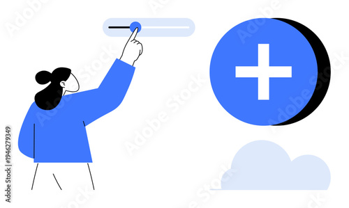 User interface concept. User interface elements, including a slider adjustment and a prominent addition icon. User interface for digital productivity tools, applications, and design. Usable for apps