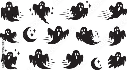 Halloween Ghosts and Moons in Black Silhouette Flying