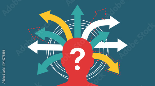 Confused man head silhouette with arrows and question mark vector