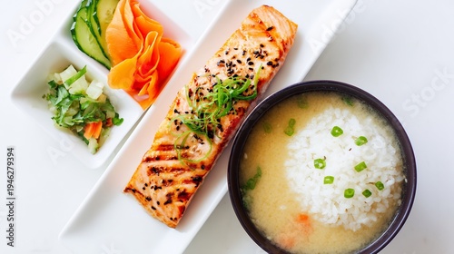 Grilled salmon with rice and miso soup, Japanese culinary presentation