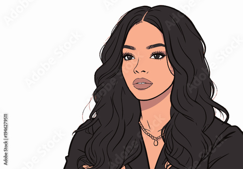 A woman is shown with long dark hair, a chain necklace, and an expression of focus while looking forward in a drawing.