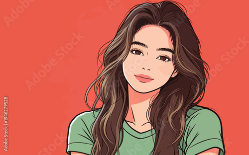 A young woman is smiling while looking at the viewer with a bright background. She has long hair and is wearing a simple shirt.