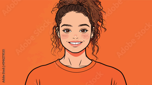 Girl with curly hair smiles and looks directly at the viewer. She wears an orange shirt against a bright orange background.