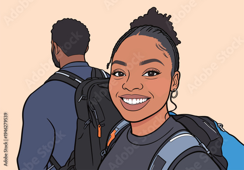 Two friends pose together while enjoying a hiking trip in nature. They have backpacks and look happy in the moment.