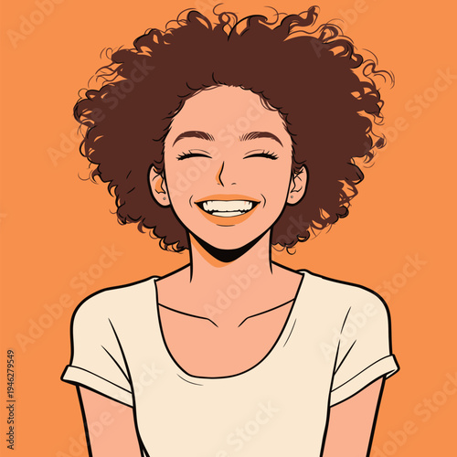 A woman with curly hair smiles widely against a bright orange background. She shows happiness while enjoying her time.