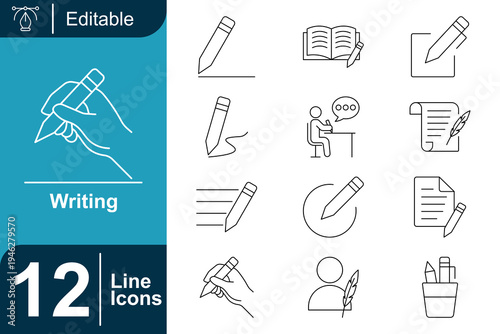 Writing icon set. Creative writing, text editing, document creation, author work process, copywriting concept, manuscript writing, storytelling content and more. Line vector icons collection.