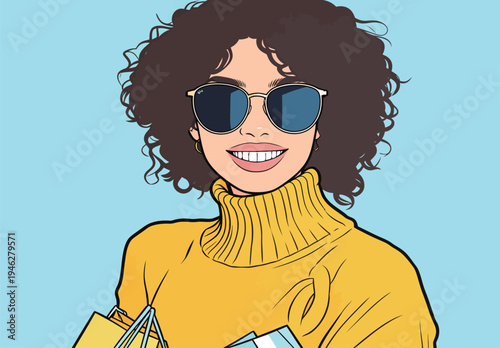 A woman with curly hair smiles while holding shopping bags. She wears sunglasses and enjoys a day of shopping.