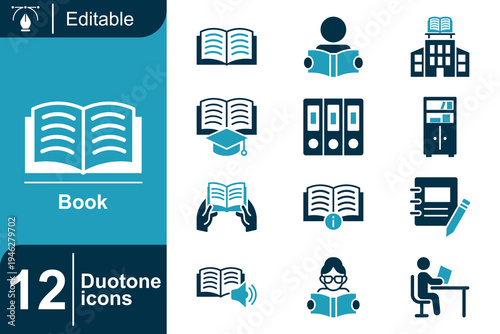 Book icon set. Education knowledge reading, library learning resource, academic study material, school literature concept, student reading activity and more. Duotone vector icons collection.
