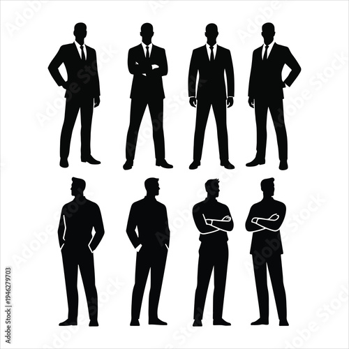 Business people silhouette set with men and women in suits standing walking and working together as a corporate team vector illustration.