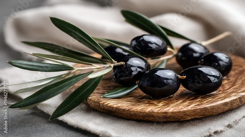Ripe black olives on a branch on a wooden plate