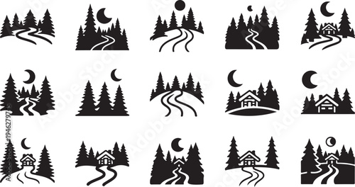 Black and white forest landscape icons with moon and house