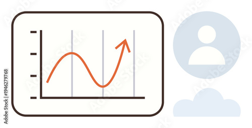 Business analytics, data visualization, financial growth, user insights, performance monitoring, strategy planning. Line graph with upward trend and user icon. Business analytics and data